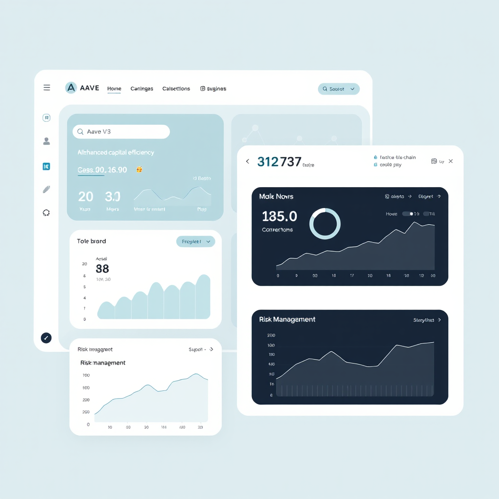 Modern interface mockup showcasing Aave V3 protocol features with cross-chain connectivity, enhanced capital efficiency metrics, and risk management dashboard in elegant neutral design